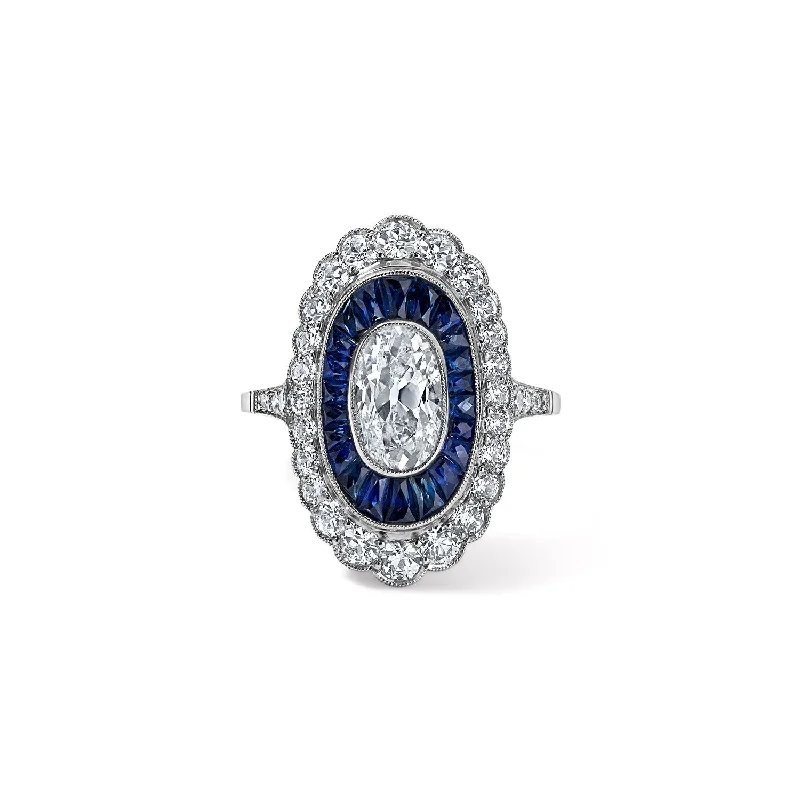 luxury gold engagement rings with sapphires-Art Deco Diamond and Blue Sapphire Oval Ring