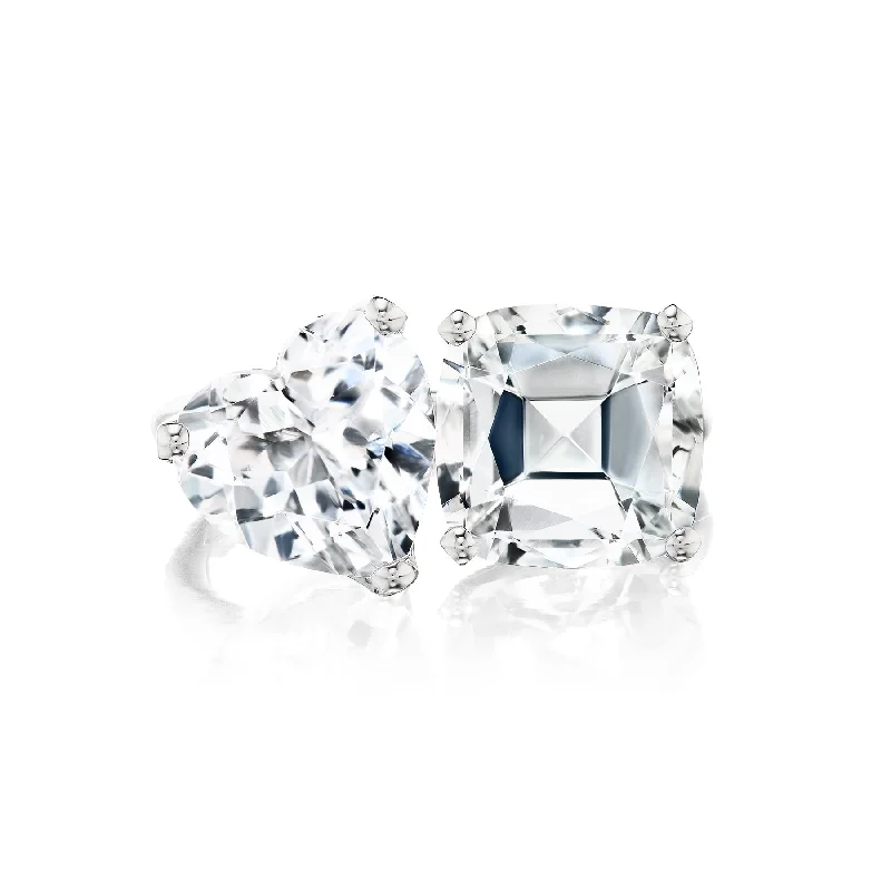 women’s platinum rings with colored diamonds-Bold White Topaz Cushion and Heart Two-Stone Ring