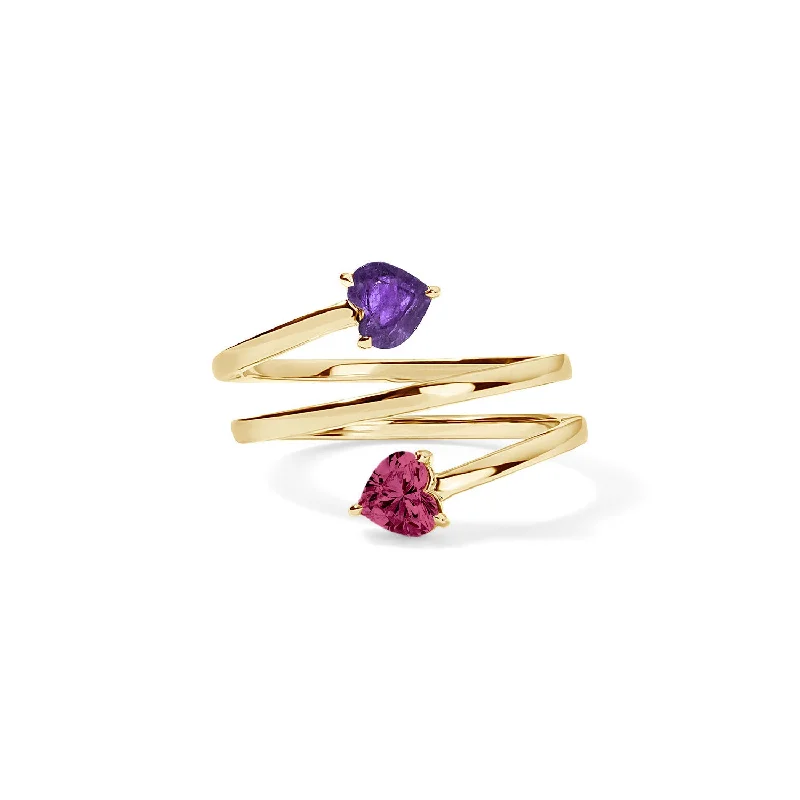 men’s wedding rings with emeralds and diamonds-Amethyst and Pink Tourmaline Heart Spiral Ring