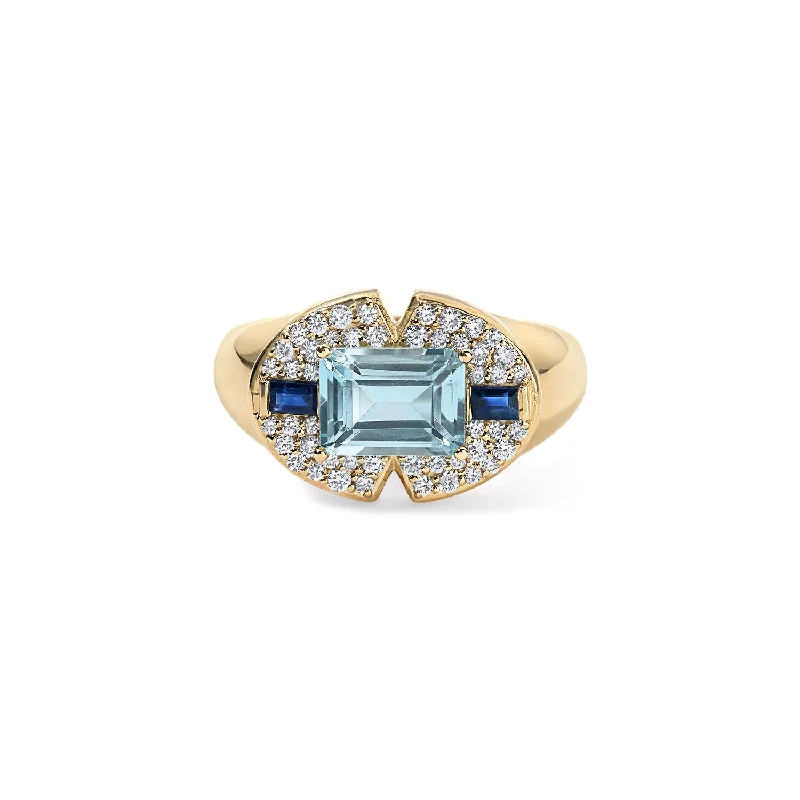 luxury wedding bands for men with rubies-Blue Topaz Emerald Cut and Blue Sapphire Signet Ring with Diamond Pave