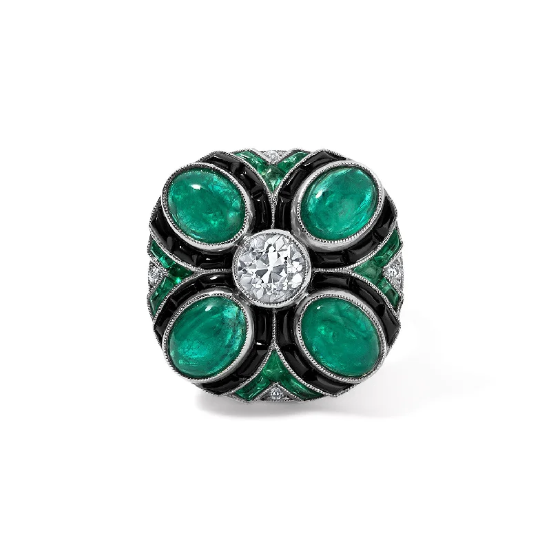 men’s titanium rings with diamonds-Deco Diamond, Emerald, and Onyx Cocktail Ring