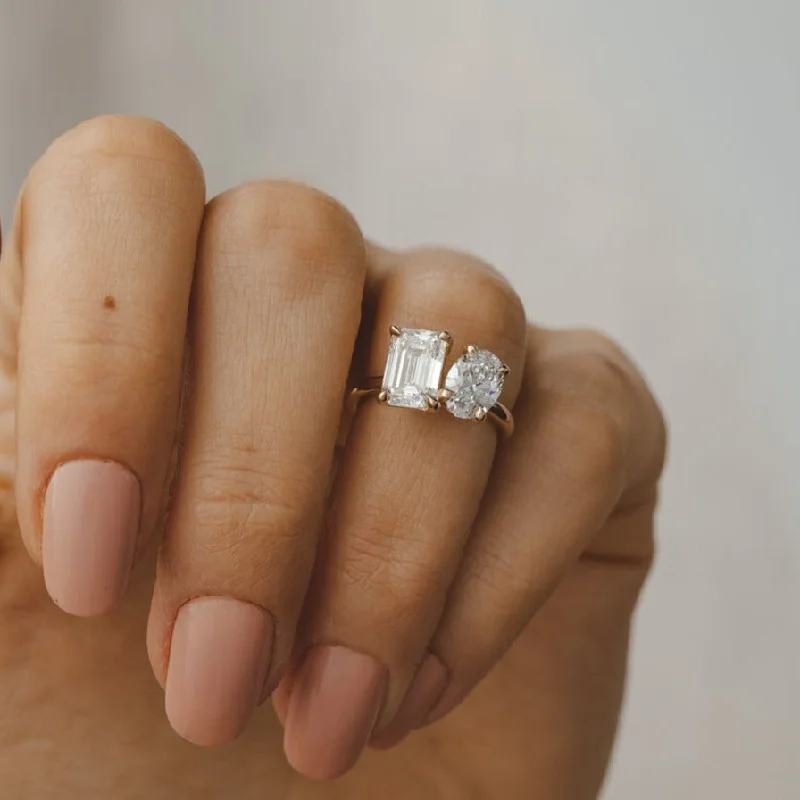 men’s rings with diamonds and emeralds-Lara Oval and Emerald Toi et Moi Diamond Engagement Ring