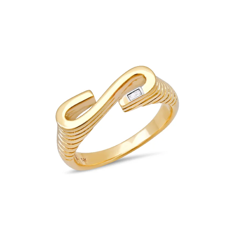 women’s rings with custom engravings-Ribbed Chunky Initial Ring with Diamond Baguette