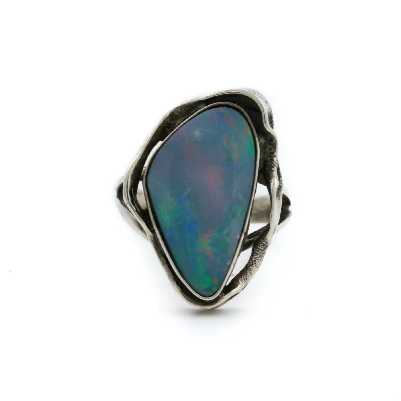 women’s custom engagement rings with diamonds-Silver x Vintage Asymmetric Opal Ring