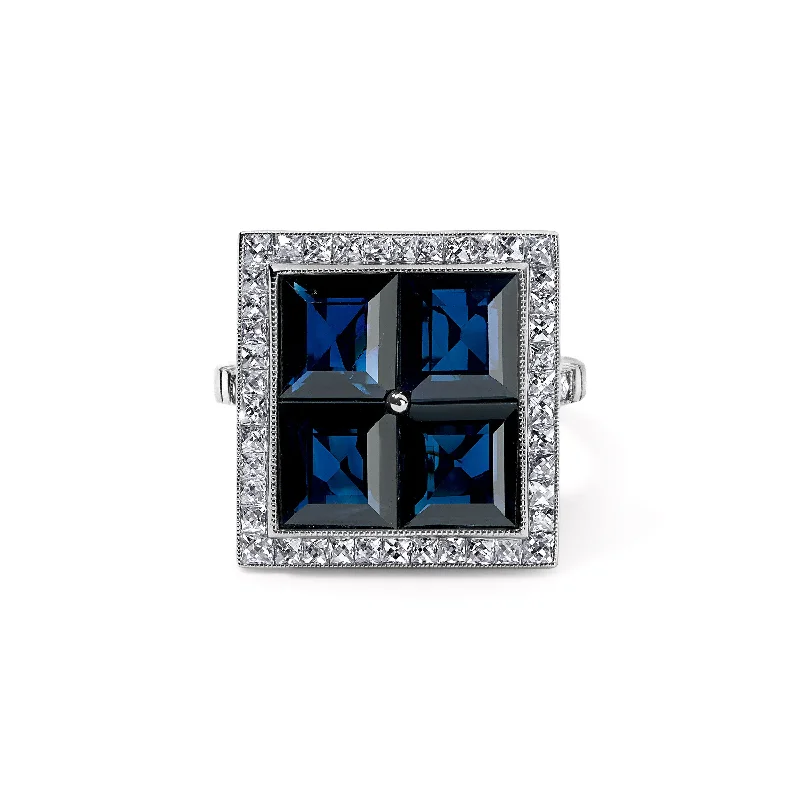 silver rings with sapphires for men-Square Sapphire Ring with Diamond Halo