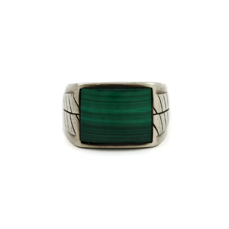 men’s engagement rings with rubies and diamonds-Sterling Silver x 1970's Square-Cut Malachite Signet