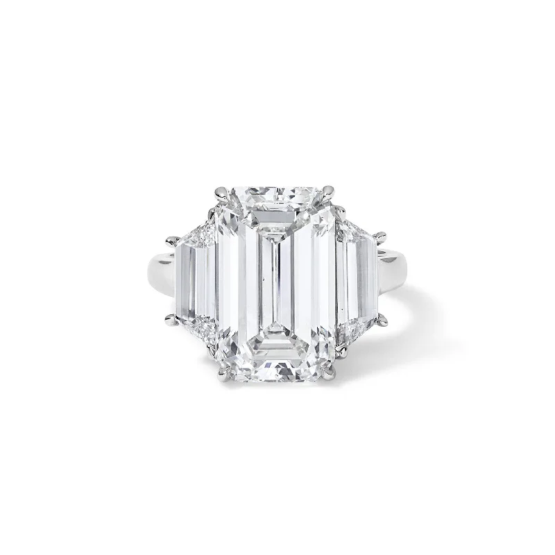 men’s signet rings with diamonds-7.30CT Emerald Cut Three-Stone Ring with Trapezoid Side Stones