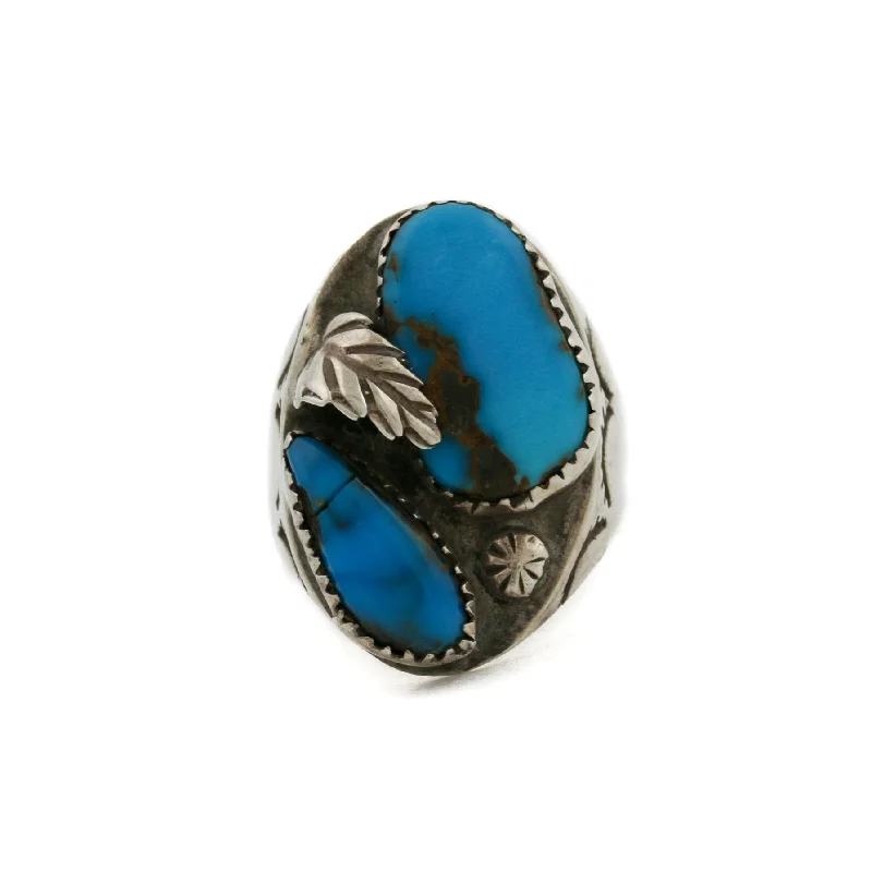 custom wedding rings with engraved initials for couples-Twin 1970's Royal Blue Turquoise Leaf-Motif Navajo Ring