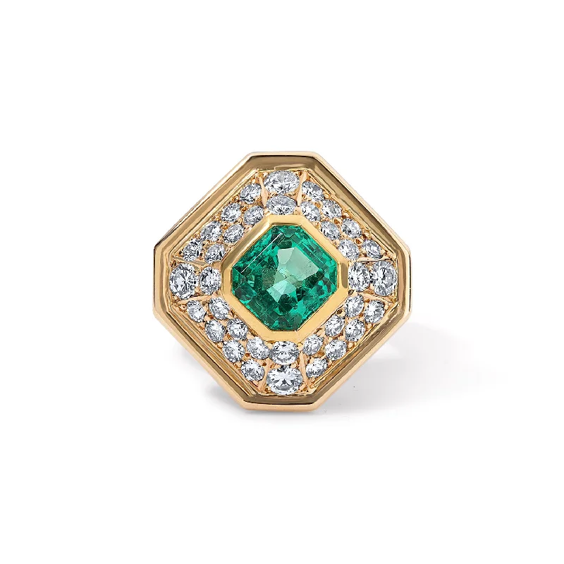 affordable wedding rings for women with diamonds-Vintage Asscher Shaped Emerald and Diamond Cocktail Ring