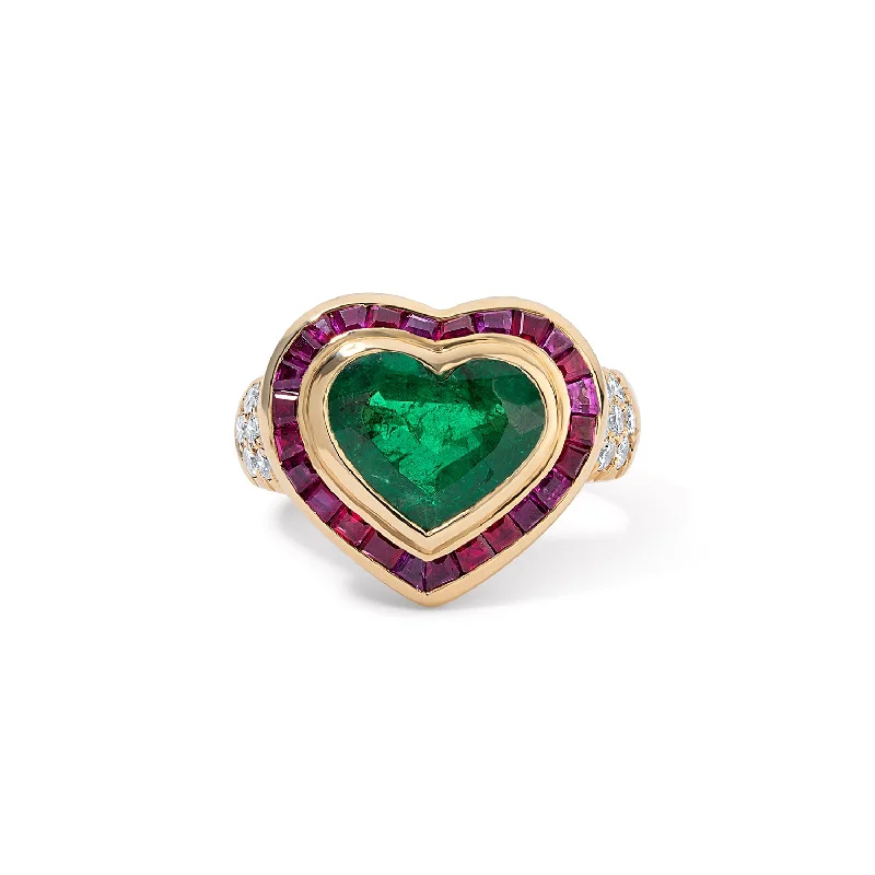 vintage rings for men with sapphires-Vintage Heart Shaped Emerald with Ruby Baguettes and Diamond Ring