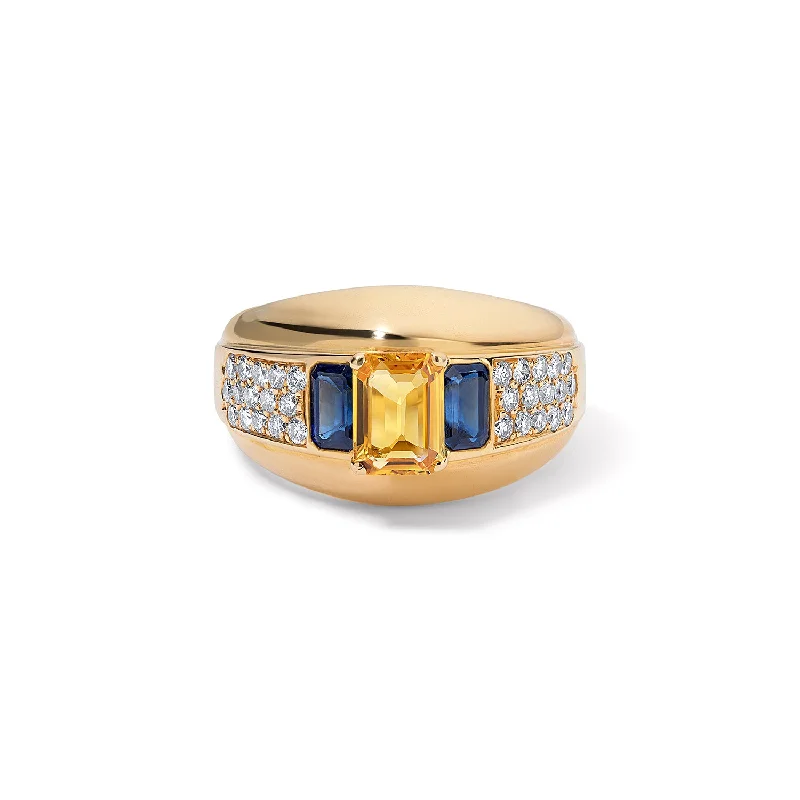 rose gold rings with sapphires for men-Vintage Yellow and Blue Sapphire Diamond Cigar Ring