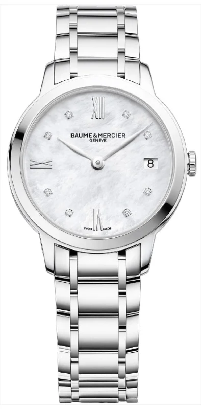 stylish watches for men with modern designs and technology -Baume & Mercier Classima Stainless Steel Mother-of-Pearl Dial Diamonds Date Quartz Womens Watch MOA10326