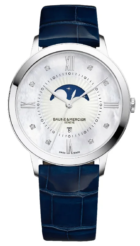 high-end dive watches for men with sapphire crystals -Baume & Mercier Classima Mother-Of-Pearl Dial Diamonds Blue Leather Strap Moonphase Date Quartz Womens Watch MOA10226