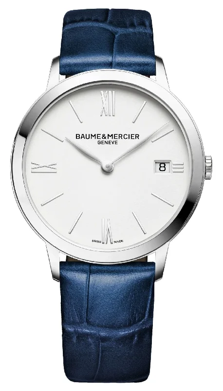 men's smartwatches with step tracking and heart rate -Baume & Mercier Classima White Dial Blue Leather Strap Date Quartz Womens Watch M0A10355