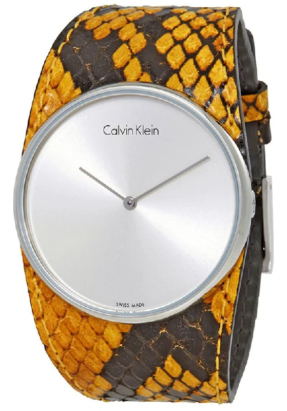 watches for women with unique, artistic design -Calvin Klein Spellbound Yellow and Black Leather Silver Dial Quartz Womens Watch K2E23626