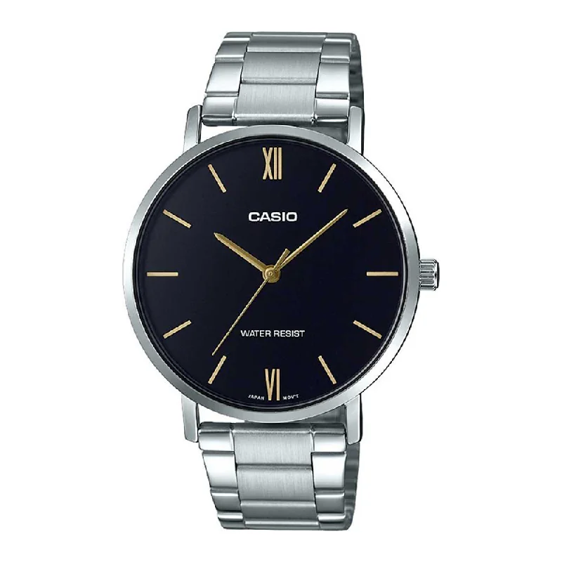 best men's watches with classic and elegant look -Casio Mens Enticer Black Dial Stainless Steel Analogue Watch - MTP-VT01D-1BUDF (A1612)