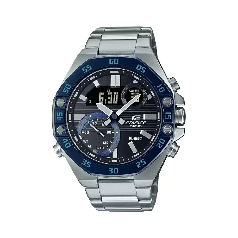 men's watches with minimalistic design and simple features -Casio Mens Grey Dial Stainless Steel Analogue-Digital Watch - ED524