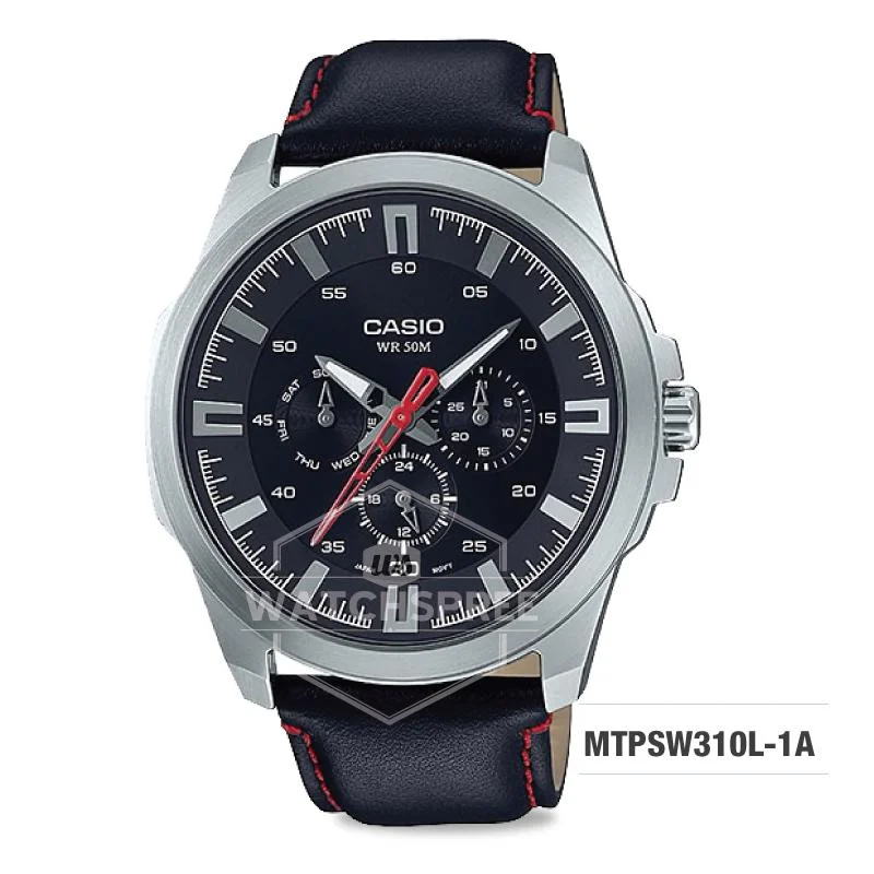 men's watches with leather strap and chronograph function -Casio Men's Standard Analog Black Leather Strap Watch MTPSW310L-1A MTP-SW310L-1A