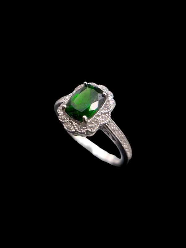 vintage engagement rings with sapphire stones-Edwardian Inspired Radiant Cut Green Chrome Diopside and White Topaz Halo Sterling Silver Ring