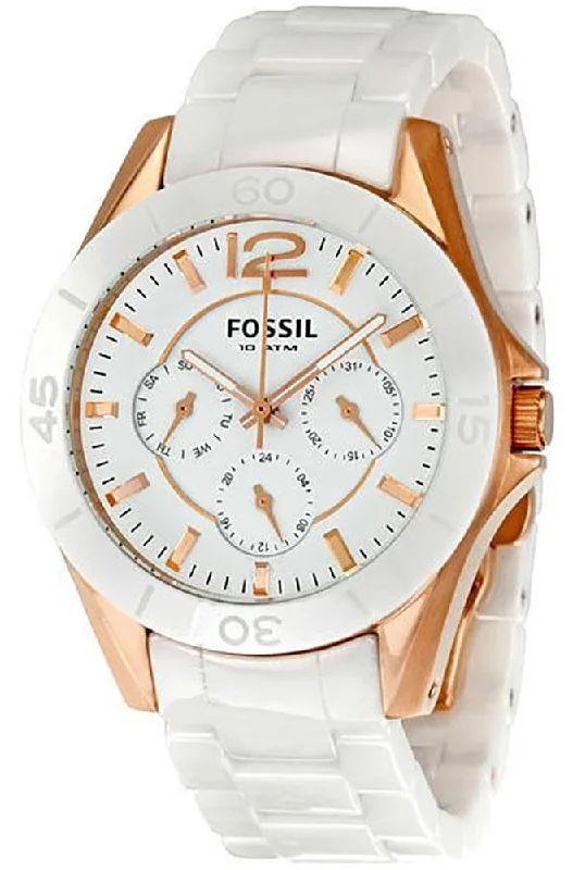 best hybrid watches for men with fitness tracking -Fossil White Ceramic Rose Gold-Tone Stainless Steel White Dial Multi-Function Day-Date Quartz Womens Watch CE1006