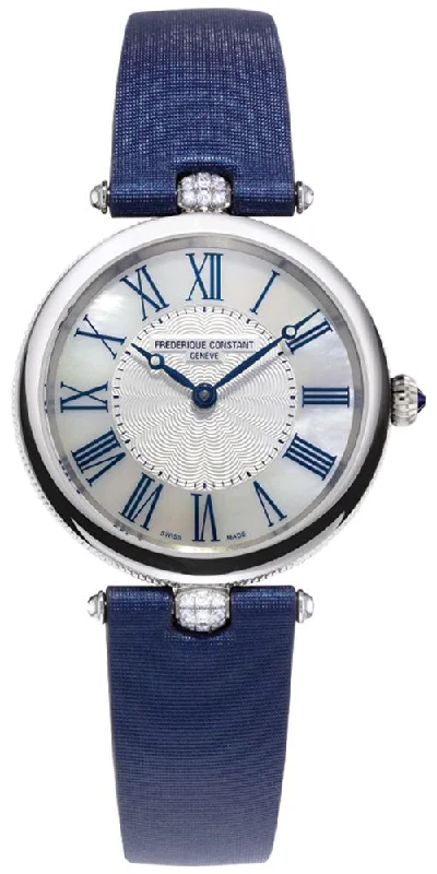 watches for women with sleek and modern features -Frederique Constant Classics Art Deco Stainless Steel Blue Satin Strap Mother-of-Pearl Dial Diamonds Quartz Womens Watch FC-200MPWN2AR2D6