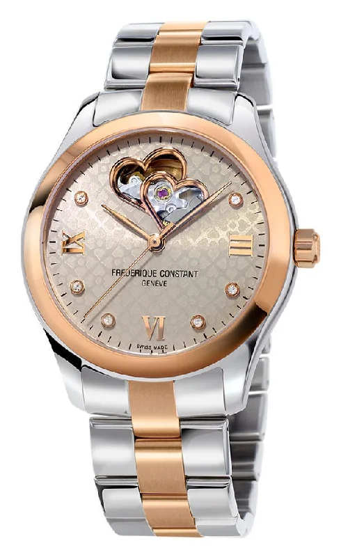 watches for women with sleek design and simple dial -Frederique Constant Double Heart Beat Two Tone Stainless Steel Automatic Diamonds Gray Dial Womens Watch FC-310LGDHB3B2B