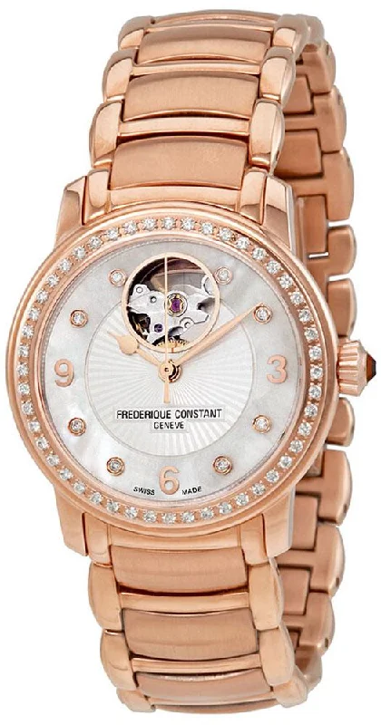 luxury watches for women with metal and leather combinations -Frederique Constant Heart Beat Automatic Rose Gold PVD Steel & Diamond Womens Watch FC-310HBAD2PD4B