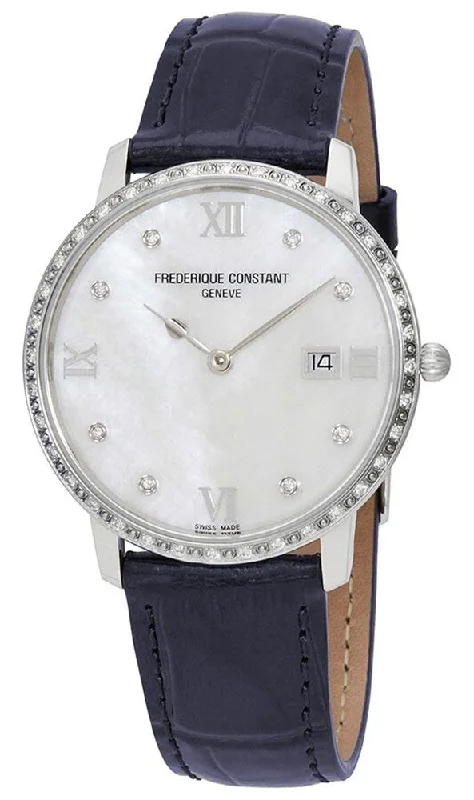 men’s watches with sporty design and water resistance -Frederique Constant Slimline Stainless Steel Mother-of-Pearl Dial Blue Leather Strap Diamonds Date Quartz Womens Watch FC-220MPWD3SD6