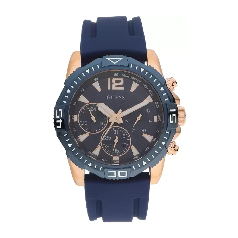 women's watches with colored dials and unique designs -Guess Mens Commander Blue Dial Silicone Analogue Watch - GW0211G4