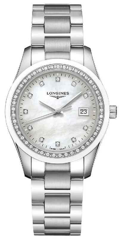 stylish men’s watches with black rubber and stainless steel bands -Longines Conquest Classic Stainless Steel Mother-Of-Pearl Dial Diamonds Date Womens Watch L2.387.0.87.6