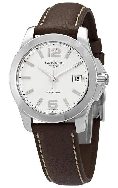 men's watches with ceramic bezels and date functions -Longines Conquest Stainless Steel Brown Leather Strap Silver-Tone Dial Date Quartz Womens Watch L3.377.4.76.5