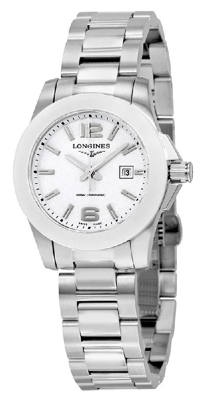 luxury sport watches for men with multiple features -Longines Conquest Stainless Steel & Ceramic White Dial Date Quartz Divers Womens Watch L3.257.4.16.6