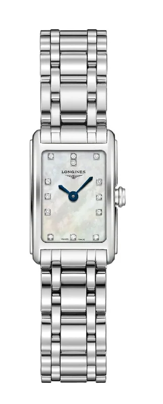 high-end dive watches with durable design -Longines DolceVita Stainless Steel Mother-Of-Pearl Dial Diamonds Rectangle Quartz Womens Watch L5.258.4.87.6