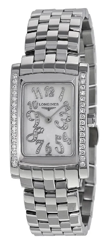 stylish women's watches with gemstone and crystal embellishments -Longines DolceVita Stainless Steel Mother-Of-Pearl Dial Diamonds Rectangle Quartz Womens Watch L5.502.0.97.6