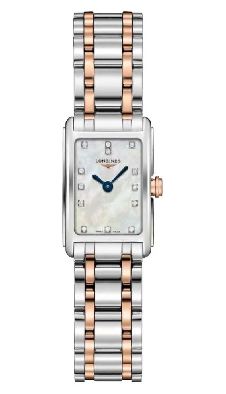 women’s watches with crystal accents and minimalist style -Longines DolceVita Stainless Steel & Rose Gold Mother-Of-Pearl Dial Diamonds Rectangle Quartz Womens Watch L5.258.5.87.7