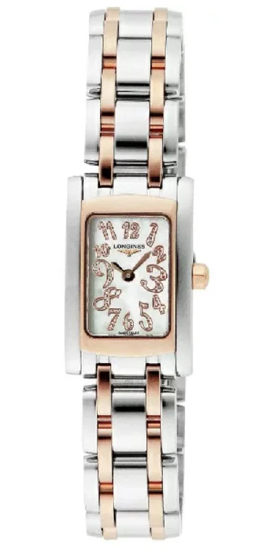 waterproof watches for men with high depth resistance -Longines DolceVita Stainless Steel & Rose Gold Mother-Of-Pearl Dial Rectangle Quartz Womens Watch L5.158.5.97.7