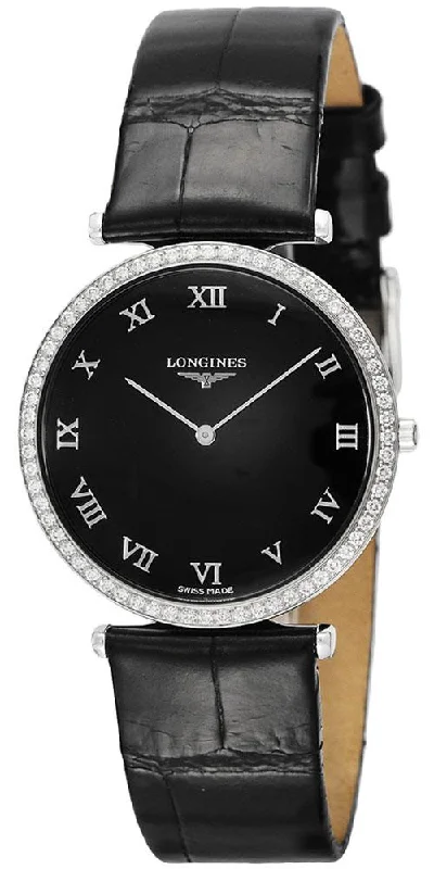 vintage-inspired watches for men with leather straps -Longines La Grande Classique Black Leather Black Dial Diamonds Women's Watch L4.741.0.51.2