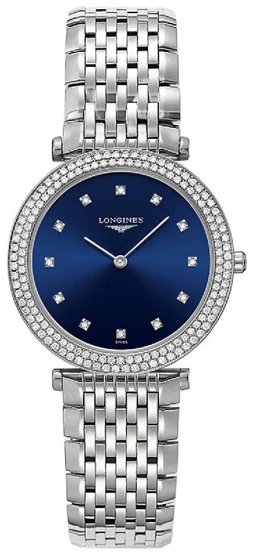 women’s watches with interchangeable leather bands -Longines La Grande Classique Stainless Steel & Diamond Womens Watch Blue Dial L45150976