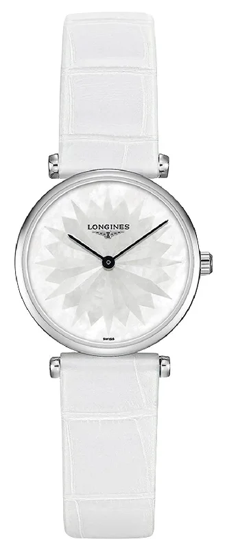 high-end watches for men with minimalist dial -Longines La Grande Classique Stainless Steel Mother-Of-Pearl Dial White Leather Strap Quartz Womens Watch L4.209.4.05.2