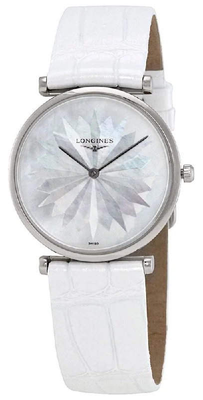 eco-friendly digital watches with solar charging -Longines La Grande Classique Stainless Steel Mother-Of-Pearl Dial White Leather Strap Quartz Womens Watch L4.512.4.05.2