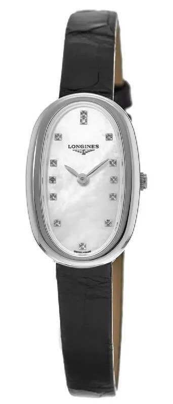 women’s watches with interchangeable leather bands -Longines Symphonette Black Leather Strap Stainless Steel Mother-Of-Pearl Dial Diamonds Womens Watch L2.305.4.87.0