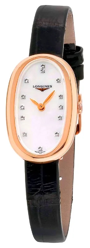 men's watches with leather strap and chronograph function -Longines Symphonette Rose Gold Black Leather Strap Diamond & Mother-of-Pearl Dial Womens Watch L2.305.8.87.0