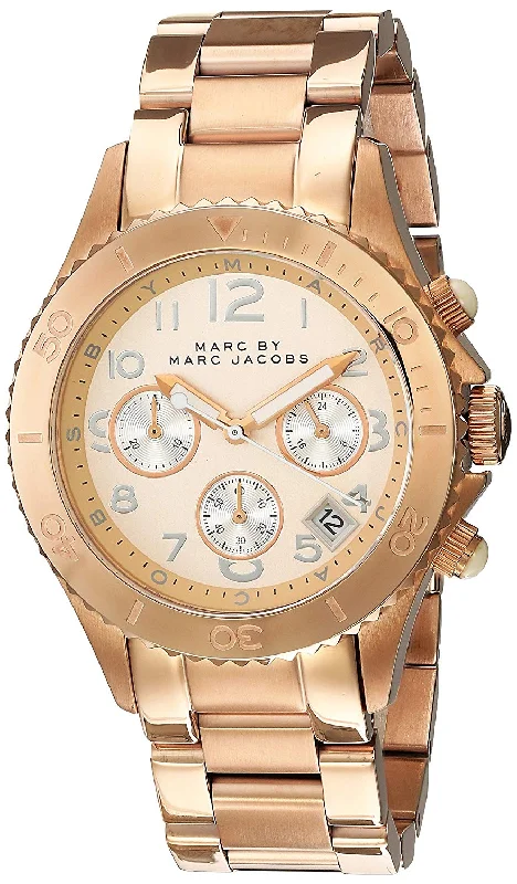 top-rated watches for men with water-resistant cases -Marc by Marc Jacobs Rock Chronograph Champagne Dial Date Rose Gold Tone Stainless Steel Unisex Watch MBM3156