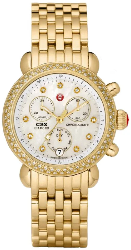 men's watches with leather strap and chronograph function -Michele CSX-36 Chronograph Diamonds Mother of Pearl Dial Day/ Date Gold Tone Stainless Steel Womens Watch MWW03M000141