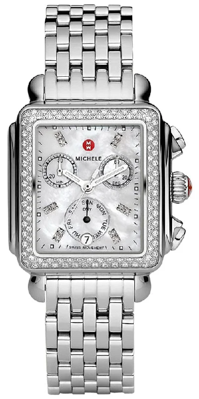 women’s watches with elegant gold design and diamond markers -Michele Deco Chronograph Day/Date Stainless Steel & Diamond Womens Watch MWW06P000099