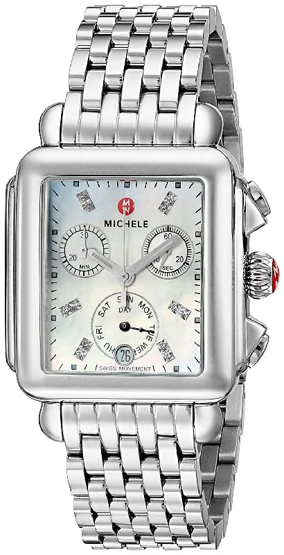 best watches for women with slim and sleek design -Michele Deco Chronograph Day/Date Stainless Steel Diamonds Womens Watch MWW06P000014