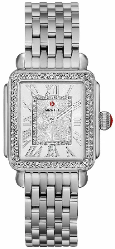 waterproof watches with advanced features for men -Michele Deco Madison Mid Stainless Steel Diamonds Silver Dial Date Womens Watch MWW06G000001