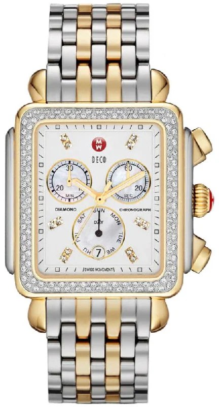 solar-powered watches for men with classic look -Michele Deco XL Diamond Chronograph Day/Date Two-Tone Stainless Steel Womens Watch MWW06Z000013