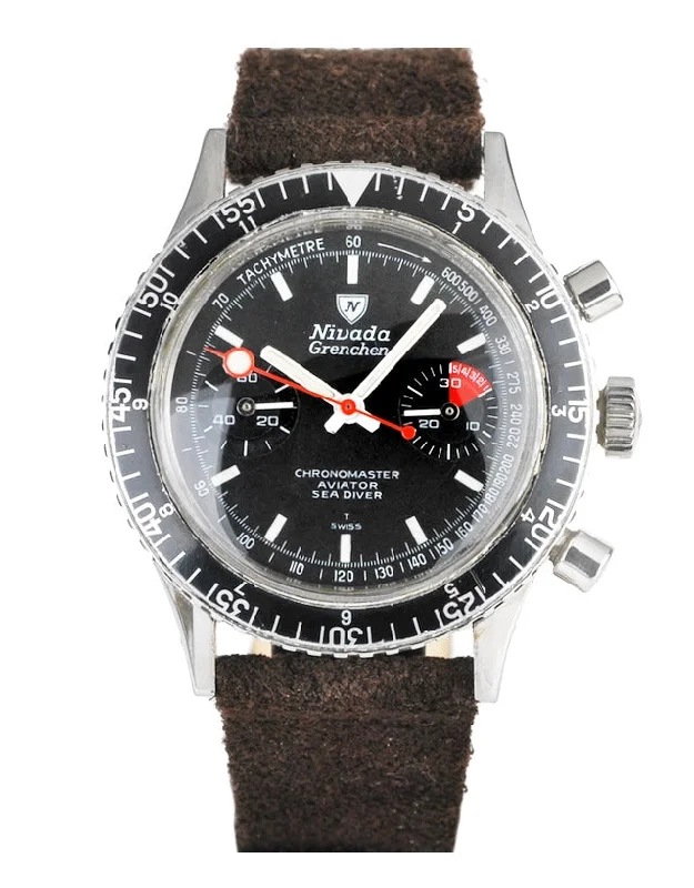 classic chronograph watches for men with silver bands -Nivada Grenchen Chronomaster Aviator Sea Diver Men's Watch