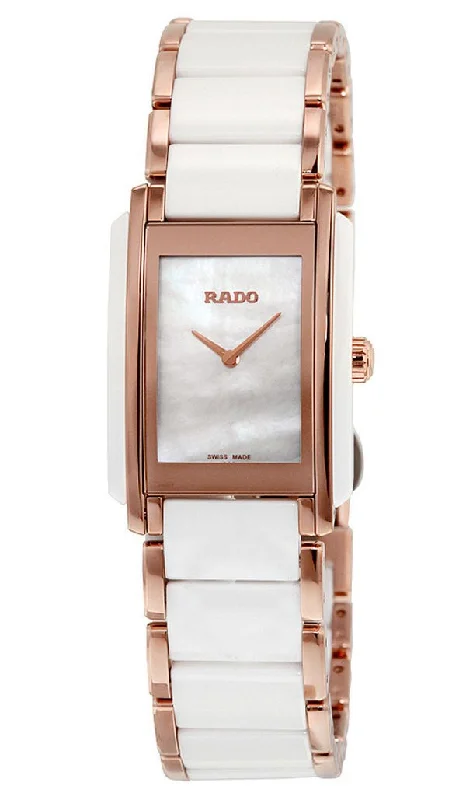 luxury men’s watches with leather and stainless steel -Rado Integral Rose Gold Stainless Steel & White Ceramic Case Mother of Pearl Quartz Dial Womens Watch R20844902